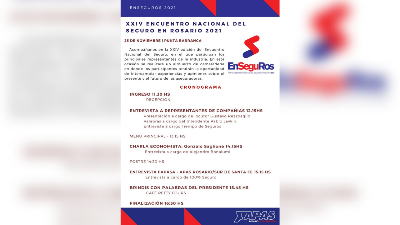 El próximo 25 de noviembre se realizará el EnSeguRos organizado en forma conjunta por la Asociación de Productores Asesores de Seguros de Rosario y Sur de Santa Fe (APAS)...