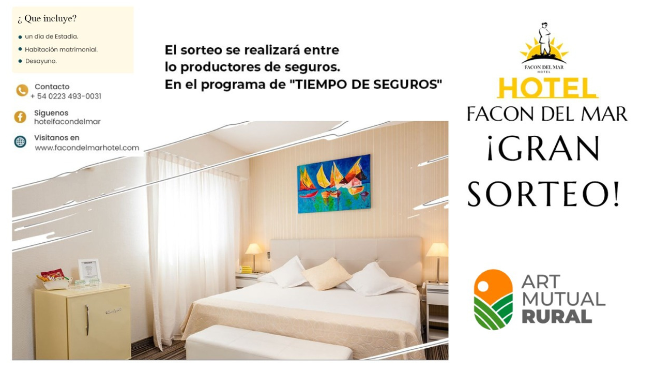 Gentileza de los amigos de ART Mutual Rural, consistente en una estadía de un día en habitación matrimonial, con desayuno, en el Hotel Facón del Mar (Mar del Plata) o el Facón Grande (CABA), en fecha a elección del ganador/a.