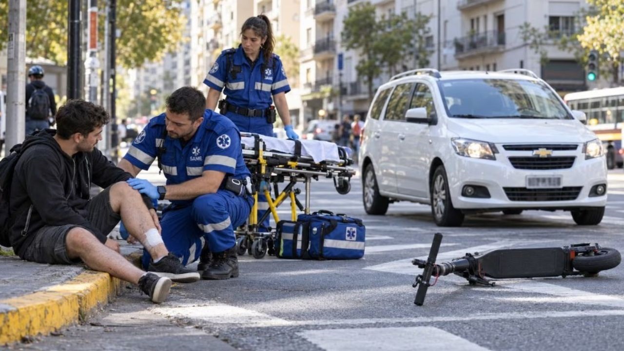 Un hombre que circulaba en su monopatín eléctrico por la Ciudad de Buenos Aires sufrió un violento accidente cuando el conductor de un auto intentó doblar a la derecha y lo chocó. El impacto provocó que cayera al pavimento y tuviera que ser trasladado de urgencia a un hospital.