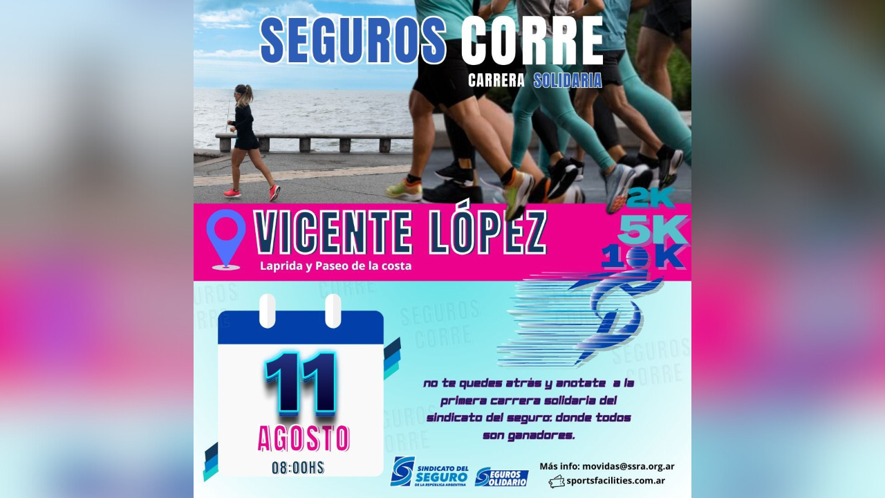 No te quedes atrás y anotate a la primera carrera solidaria del sindicato del seguro: donde todos son ganadores. Lugar Vicente López. Fecha: 11 de agosto. Hora: 08:00 hs.