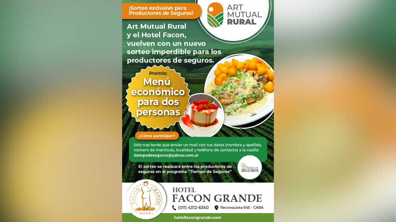 Art Mutual Rural y el Hotel Facon, vuelven con un nuevo sorteo imperdible para los PAS que se anunciará en el programa. Premio: Menú económico para dos personas.