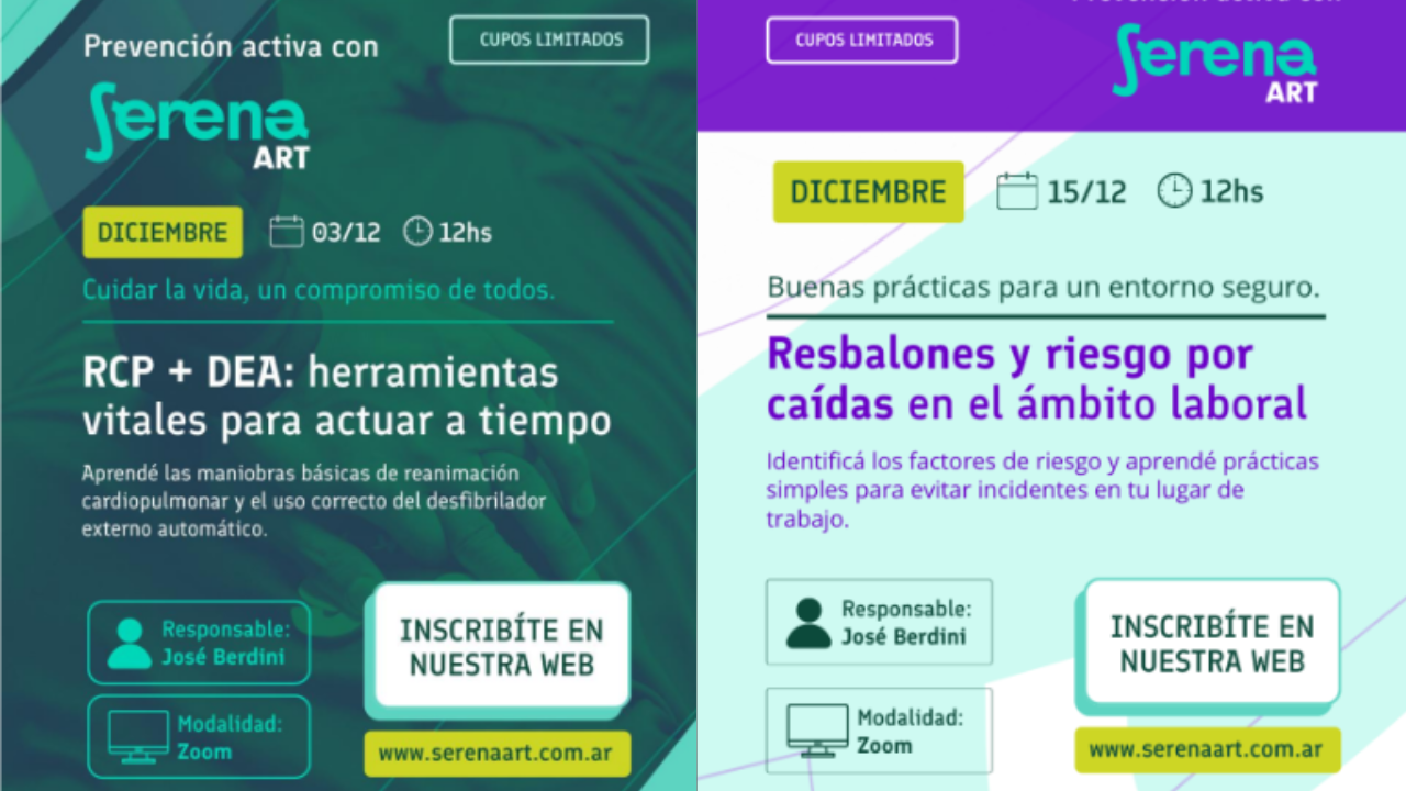 La 1ra charla será el 03/12 sobre RCP + DEA y la 2da el día 15/12 con la temática de resbalones y caídas en ámbito laboral. Modalidad Zoom. Se entregan certificados.